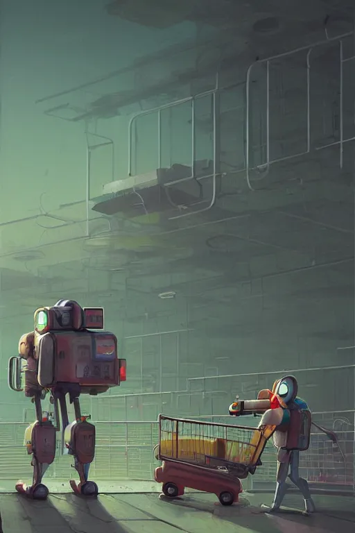 Prompt: mech at supermarket trying to find milk to his son, highly detailed, scifi, fantasy, highly detailed, digital painting, trending on artstation, concept art, sharp focus, illustration, global illumination, shaded, art by simon stalenhag