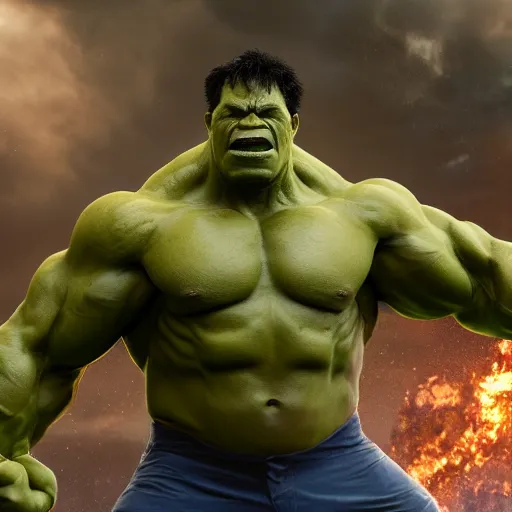 Image similar to Harvey Price as The Hulk, cinematic, photorealistic, movie still, 8k