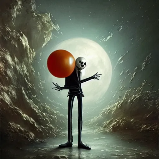 Prompt: michal karcz surrealism painting of the end of an astronaut happy in the galaxy. , in the style of jack skellington, in the style of a clown, loony toons style, horror theme, detailed, elegant, intricate, 4k, Renaissance painting