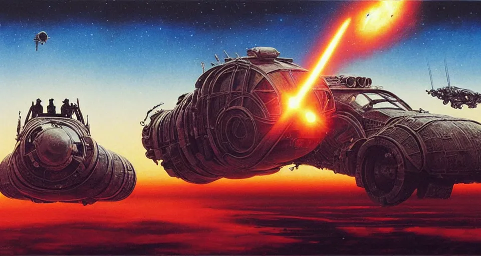 Prompt: dramatic perspective fury road in space a minimalist bioluminescent oil painting by donato giancola, chris foss, warm coloured, cinematic scifi with giant bright translucent cephalopod zeppelin cyborg with microscopy, gigantic pillars, maschinen krieger, beeple, the matrix, star wars, ilm, star citizen, mass effect, artstation, atmospheric perspective