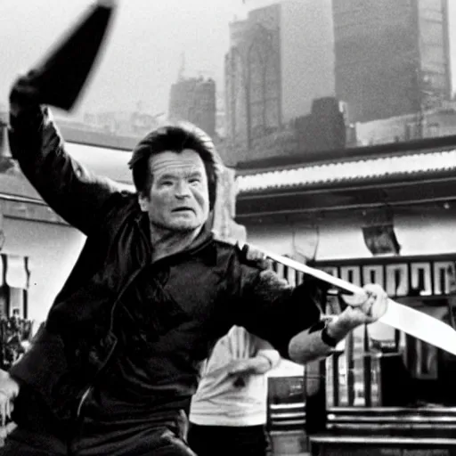 Image similar to cinematic still, Jack Burton throwing a knife at Lo Pan, amazing shot