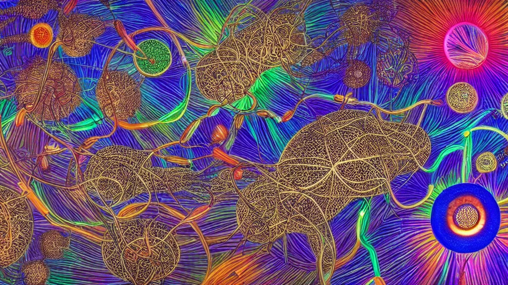 Image similar to quantum connections represented as symbiotic organisms like cells playing around with colorful lights by ernst haeckel, connectivity, sharp, realistic, magnetic