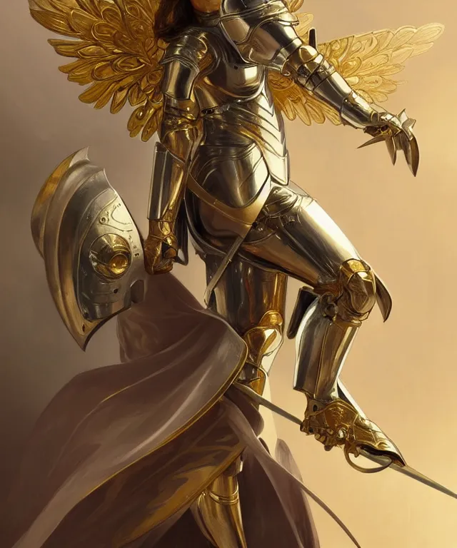 Prompt: Female knight angel in gold and silver armor, highly detailed, digital painting, artstation, concept art, smooth, sharp focus, illustration, art by artgerm and greg rutkowski and alphonse mucha