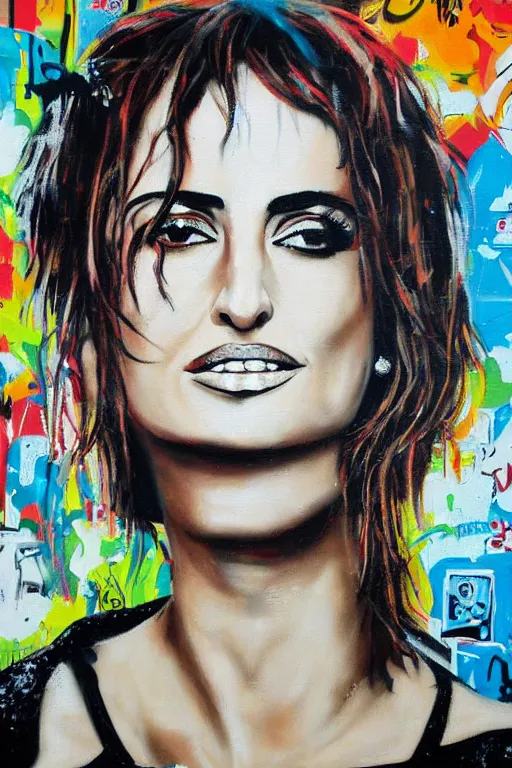 Prompt: oil painting, portrait of penelope cruz, wall with graffiti, splash painting, by bansky