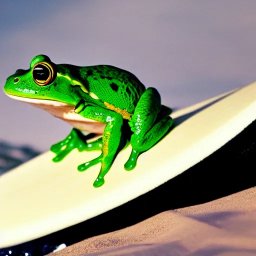 Image similar to photograph of a frog on a surfboard, catching a wave, high quality, clean, sharp focus, enhanced colors, hd, 8k