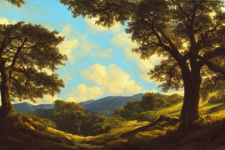 Prompt: masterpiece painting of oak trees on a hillside overlooking a creek, dramatic lighting, by edwin holgate