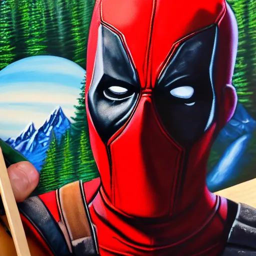 Image similar to a closeup photorealistic photograph of bob ross working on a canvas painting of deadpool. film still. brightly lit scene. mountains and trees. this 4 k hd image is trending on artstation, featured on behance, well - rendered, extra crisp, features intricate detail, epic composition and the style of unreal engine.