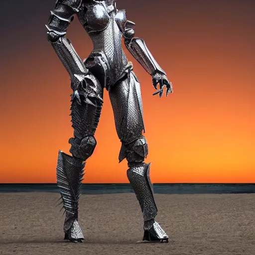 Prompt: chest up shot, realistic detailed stunning beautiful armored anthropomorphic humanoid robot female dragon, looking to the side with an elegant pose of hand on hip, smooth and streamlined armor and design made of steel, sharp claws and sharp teeth, high quality head, Slick LEDs, standing on two legs, on the beach during sunset, high quality, cinematic art, sci fi, sunset lighting, 3D render, 8k, artstation, deviantart, furaffinity