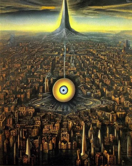 Prompt: Sauron's Eye looming over Cities all over the world 1945, renaissance painting, award-winning.