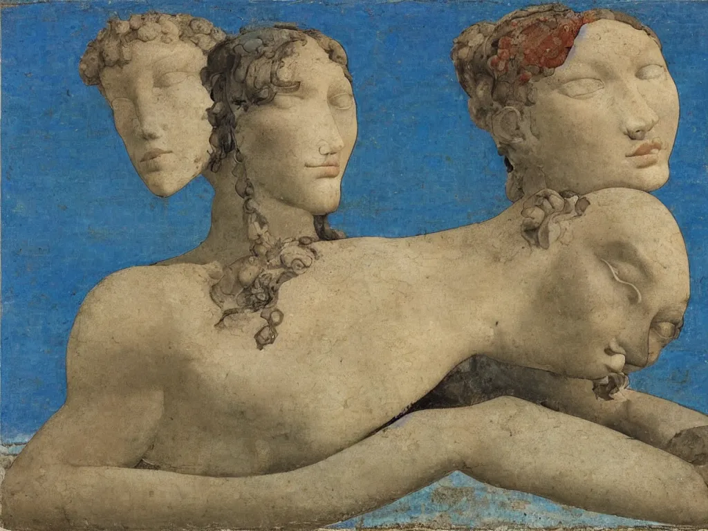 Image similar to broken, ruined marble greek sculpture head lying in the sand. lapis - lazuli, turquoise, malachite, cinnabar, earth brown. painting by piero della francesca, balthus, agnes pelton