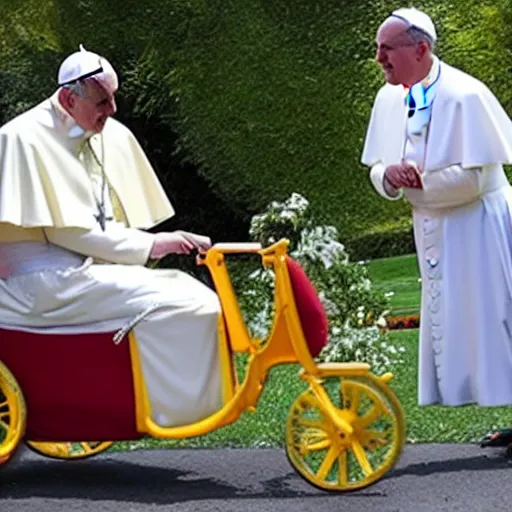 Image similar to the pope riding a childs tricycle