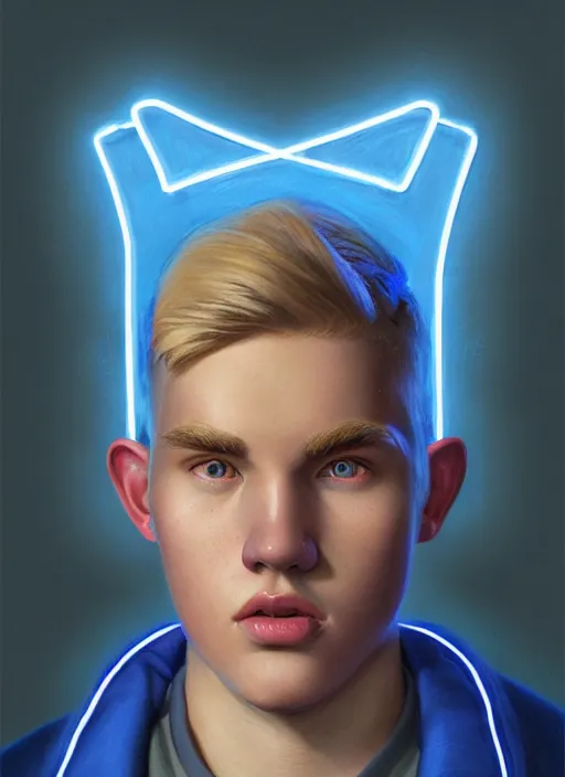 Image similar to portrait of high school senior boy named big moose, blonde short hair, jock, beefy, wide face, square jaw, square facial structure, blue varsity jacket with letter r, intricate, elegant, glowing lights, highly detailed, digital painting, artstation, concept art, sharp focus, illustration, art by wlop, mars ravelo and greg rutkowski