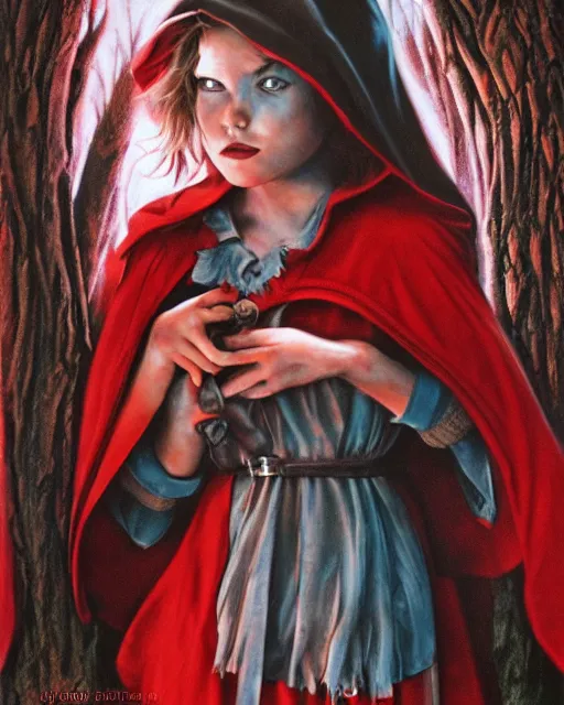 Prompt: little red riding hood, airbrush, drew struzan illustration art, key art, movie poster