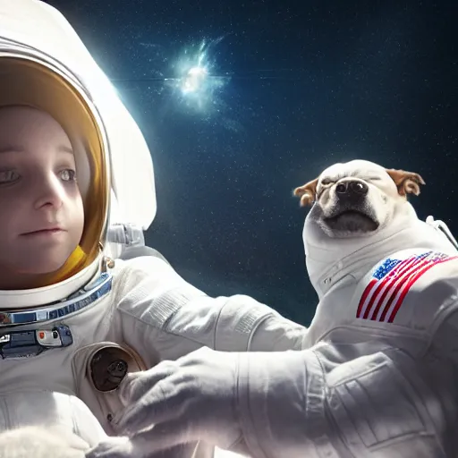 Image similar to a beautiful photo of an astronaut patting his dog, soft light, morning light, photorealistic, realistic, octane, 8k, cinematic shot
