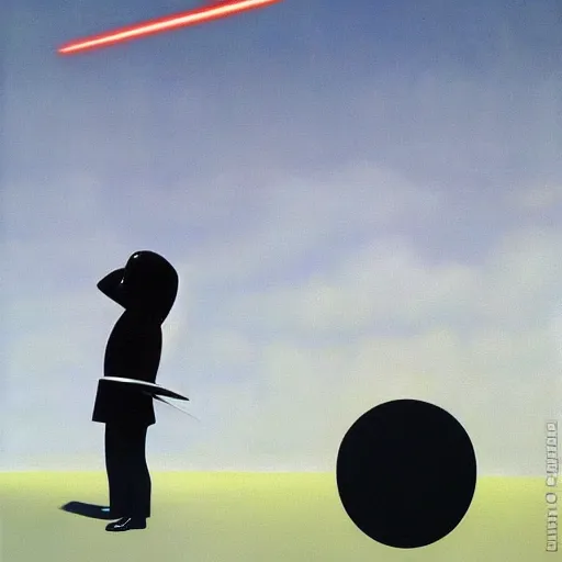 Image similar to portrait of darth vader aiming at sky, painting by rene magritte, high detail, high resolution