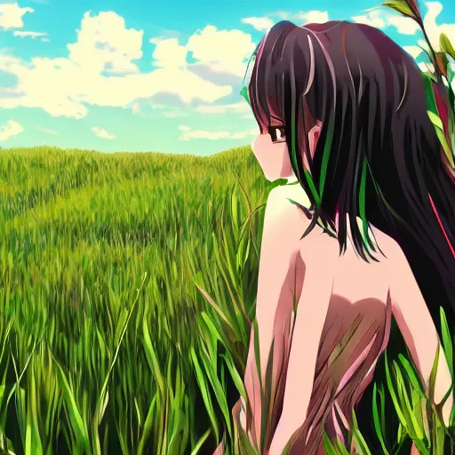 Prompt: A flower standing tall in a grass field, digital art but as anime