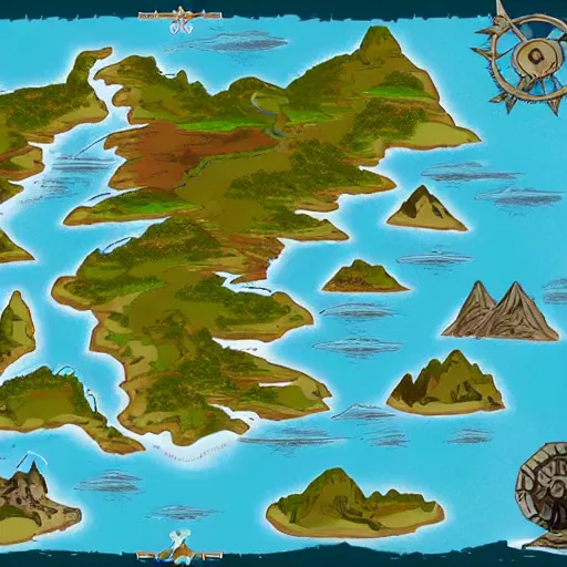 Image similar to dnd world map, mountains, villages, rivers, oceans, islands, unlabeled