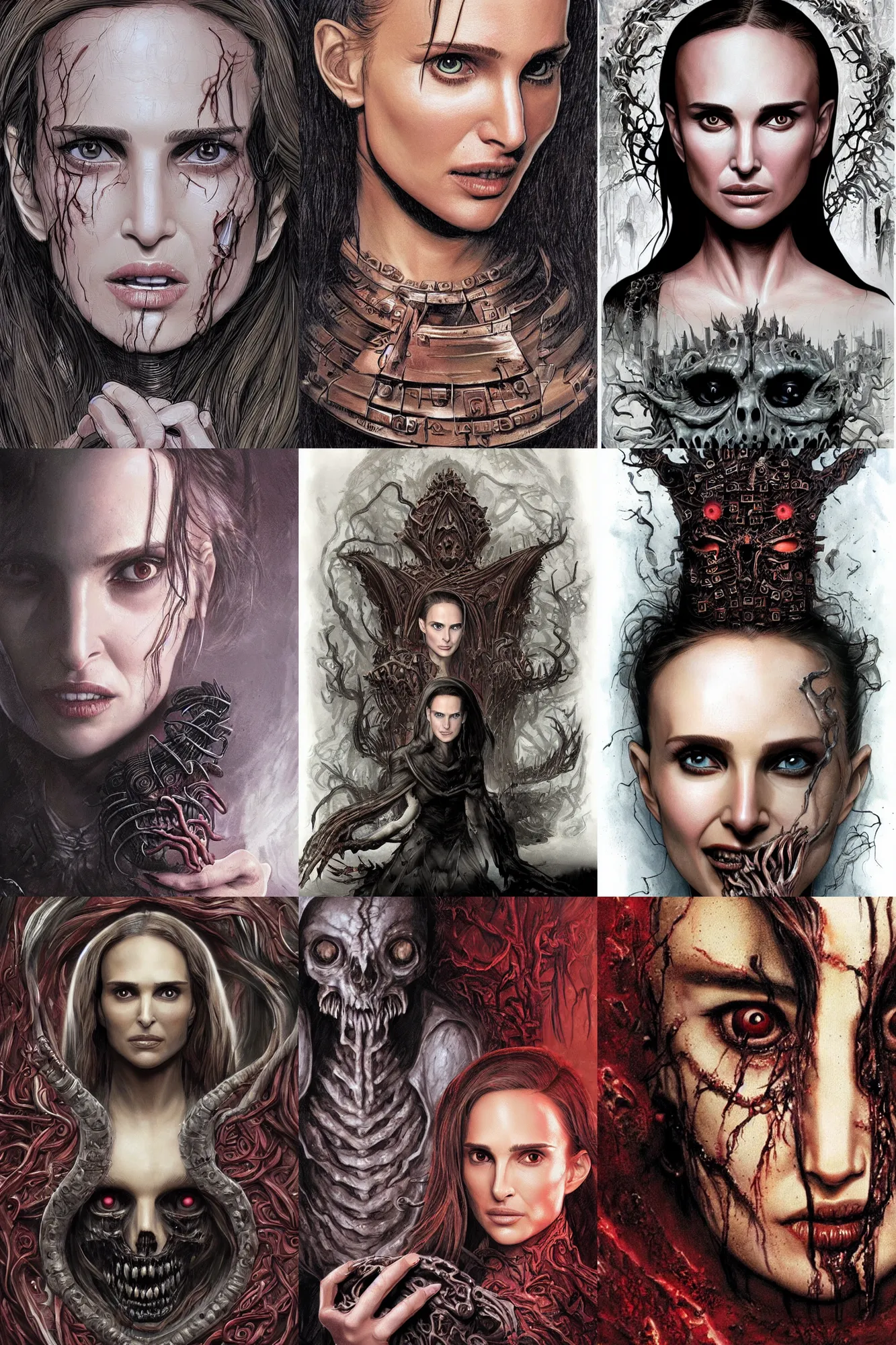 Prompt: concept art of the Necronomicon book cover with Natalie Portman's face on it, grotesque, photorealistic, horror, book