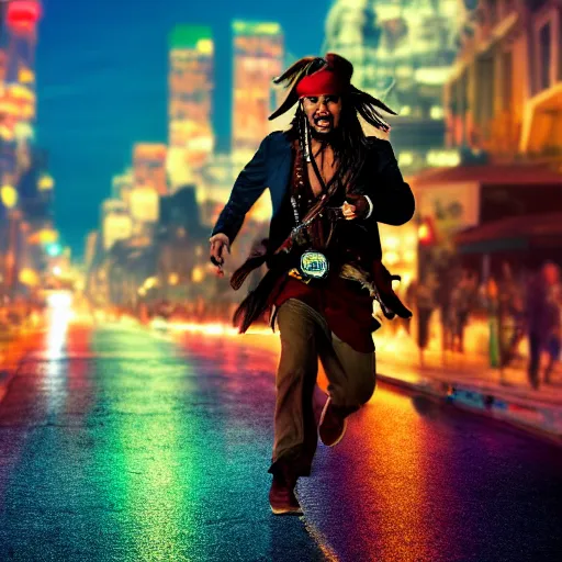 Image similar to jack sparrow running a marathon at night on a neon lit street, cinematic, detailed