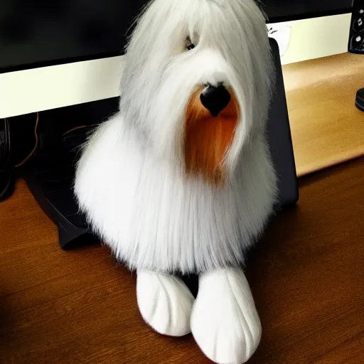 Prompt: bearded collie stuffed animal sits at the computer progrramming, cute, adorable, fluffy, digital art, UE5,