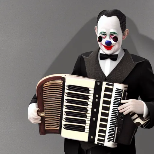 Image similar to a peculiar man with an accordion where his neck should be, clown face, steampunk, 4K Unreal Engine render