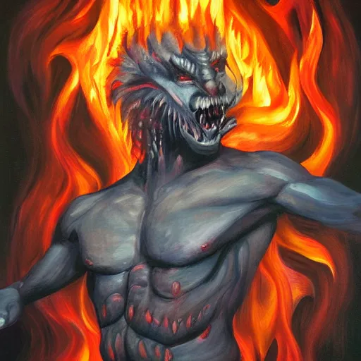 Image similar to fire demon eat human, oil painting