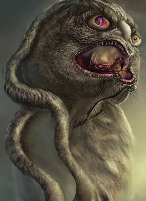 Image similar to hideous cat pigeon chimera, digital art, painting, soft lighting, horror, abomination, detailed, realistic