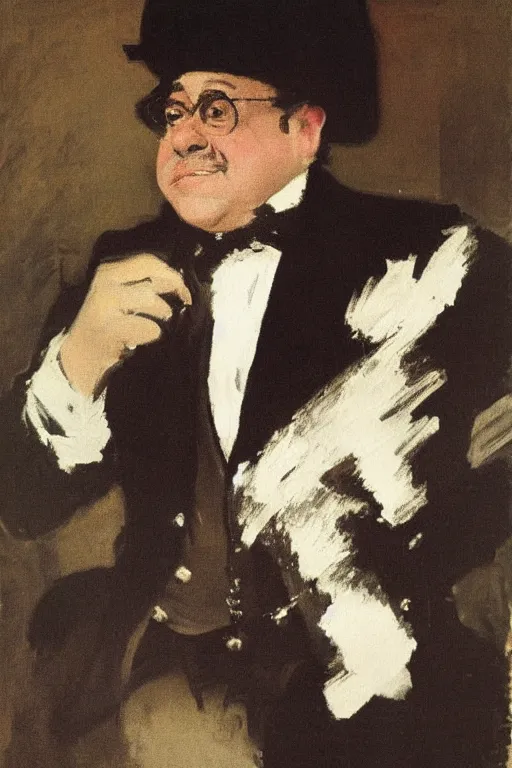 Prompt: portrait of danny devito as a gentleman wearing an edwardian suit and top hat by walter sickert, john singer sargent, and william open