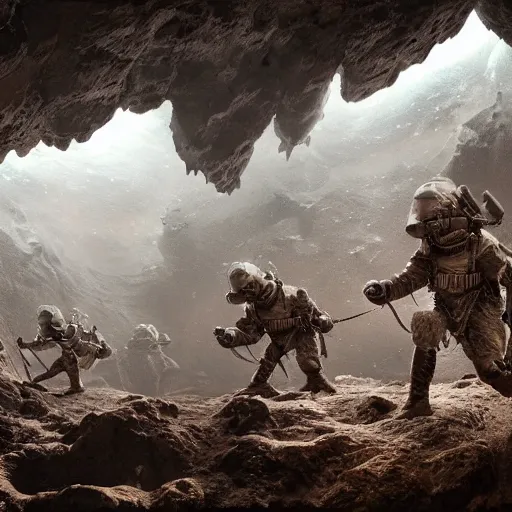 Prompt: futuristic soldiers exploring a prehistoric cave in antarctic, cinematic lighting, 1 9 2 0's sci - fi, deep aesthetic colors, 8 k, highly ornate intricate details, extreme detail,