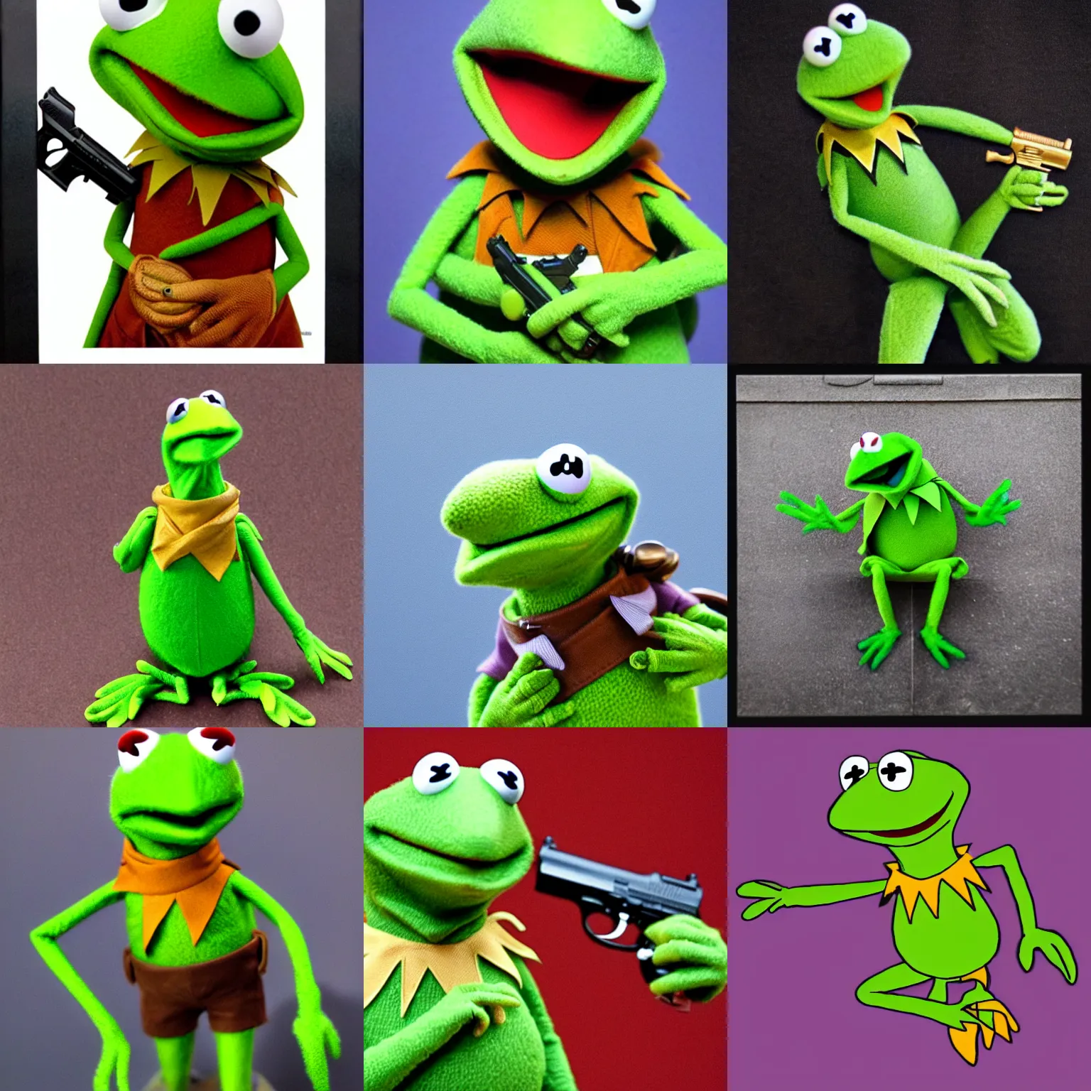 Prompt: kermit the frog holding a pistol, highly detailed