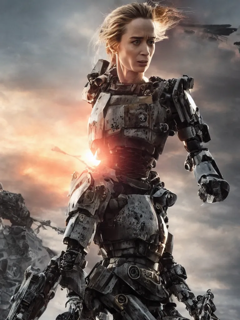 Image similar to emily blunt in futuristic power armor, holding a sword, edge of tomorrow, angel of verdun, sunset