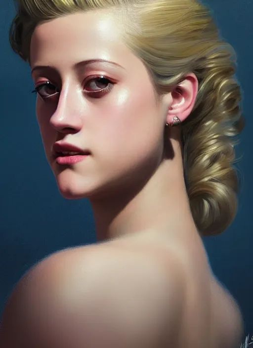 Image similar to portrait of lili reinhart with fluffy bangs, bangs, 1 9 6 0 s, ponytail, curly bangs and ponytail, rounder face, intricate, elegant, glowing lights, highly detailed, digital painting, artstation, concept art, smooth, sharp focus, illustration, art by wlop, mars ravelo and greg rutkowski