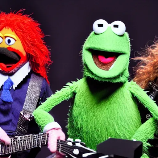 Image similar to metallica as muppets performing on stage, ultra realistic details, 8 k