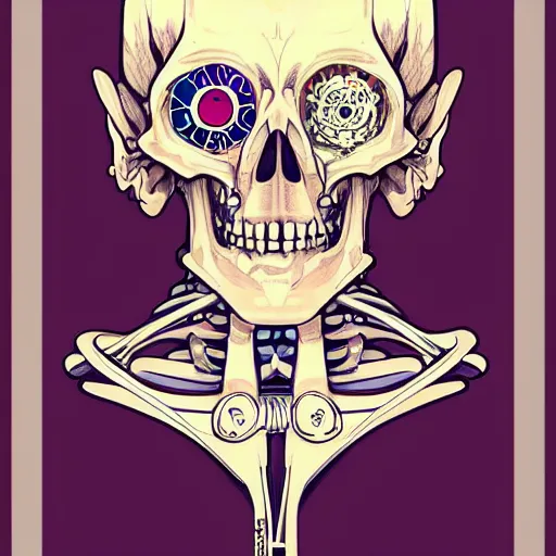 Image similar to anime manga skull portrait boys male cyborg face skeleton illustration style by Alphonse Mucha and Takashi Murakami pop art nouveau