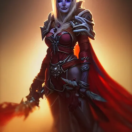 Image similar to hyperrealist portrait of sylvanas windrunner wearing a wedding dress, in the background there is a valley in flames. by bayard wu, fantasy art, photo realistic, dynamic lighting, trending on artstation, poster, volumetric lighting, very detailed faces, 4 k, award winning