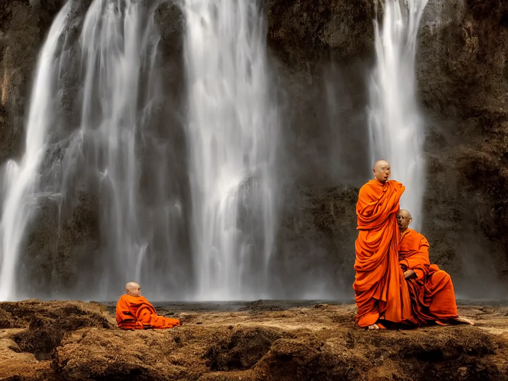 Image similar to dang ngo, annie leibovitz, steve mccurry, a simply breathtaking shot of mediating monk in orange, giantic waterfall, bright moonlight, golden ratio, wide shot, symmetrical