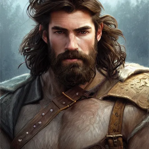 Image similar to portrait of a young, ruggedly handsome ranger, soft hair, muscular, half body, leather, hairy, d & d, fantasy, intricate, elegant, highly detailed, digital painting, artstation, concept art, smooth, sharp focus, illustration, art by artgerm and greg rutkowski and alphonse mucha
