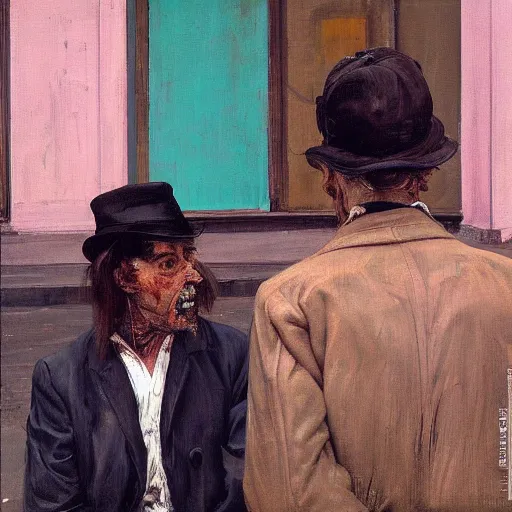 Prompt: high quality high detail painting of two men talking in the city streets of london by lucian freud and edward hopper and jenny saville and francis bacon and norman rockwell and malcom liepke and nicola samori, hd, turquoise and purple and orange and pink, dark atmosphere