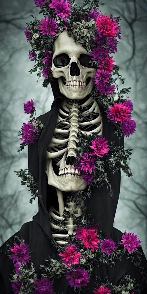 Prompt: cinematic shot epic portrait skeleton wearing a dark robe covered in flowers, hyper realistic, mood lighting, fantasy, detailed face, highly detailed, super realistic, perfect lighting javascript pixel sorting
