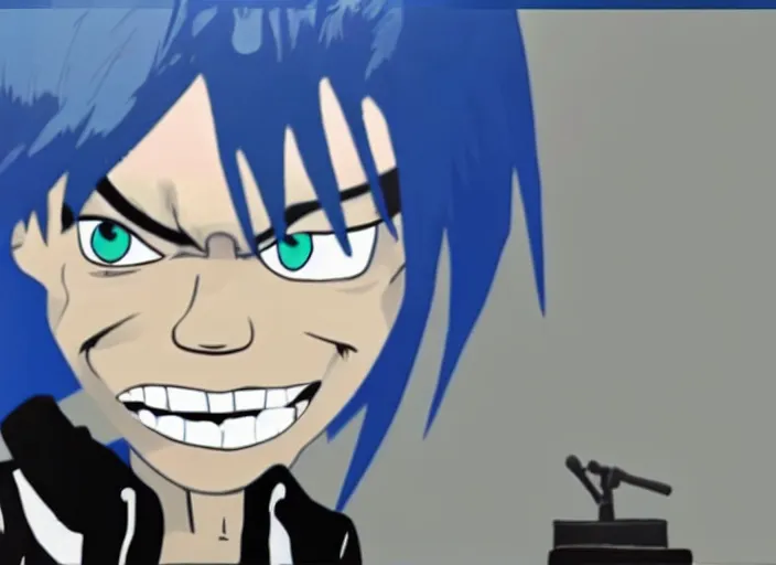 Image similar to 2 d from gorillaz playing a keyboard, blue hair, gorillaz style, jamie hewlett, animated music video screenshot