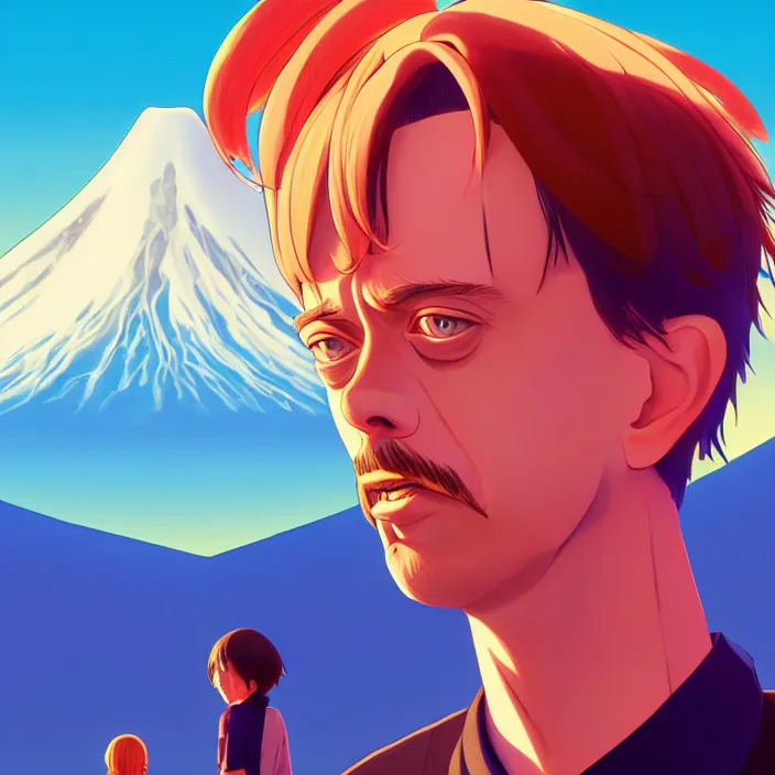 Image similar to portrait of steve buscemi, mount fuji background, rich vivid colors, ambient lighting, dynamic lighting, 4 k, hq, official media, anime key visual, makoto shinkai, ilya kuvshinov, lois van baarle, rossdraws, detailed, trending on artstation