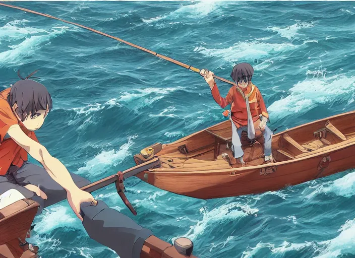 Prompt: anime three - point perspective illustration of a man fishing on a row boat in the middle of the ocean, by kim jung gi, paul heaston, makoto shinkai, simon stalenhag, greg rutkowski, hayao miyazaki, by studio ghibli. digital art, panaromic view, wide angle shot, trending on art station, cinematic, fish eye