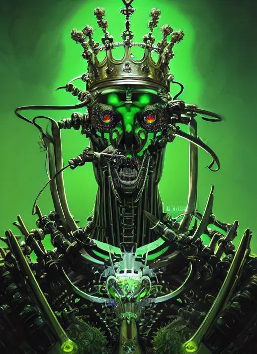 Image similar to portrait shot of the king of the bionic skeletons with a crown of blades, glowing green, intricate, elegant, highly detailed, centered, digital painting, artstation, concept art, smooth, sharp focus, warframe, illustration, anders zorn, tomasz alen kopera, peter mohrbacher, donato giancola, leyendecker, boris vallejo