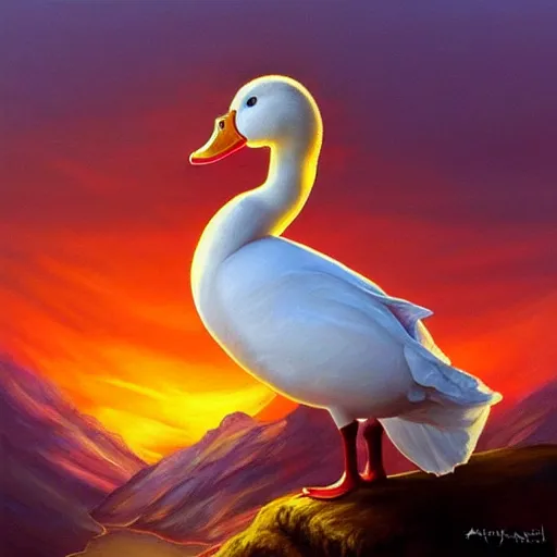 Image similar to extremely beautiful painting of a white duck in a sunset on a mountain, dynamic composition, dramatic lighting, stylized portrait, painting by artgerm, dungeons and dragons, visible brush strokes, trending golden color scheme