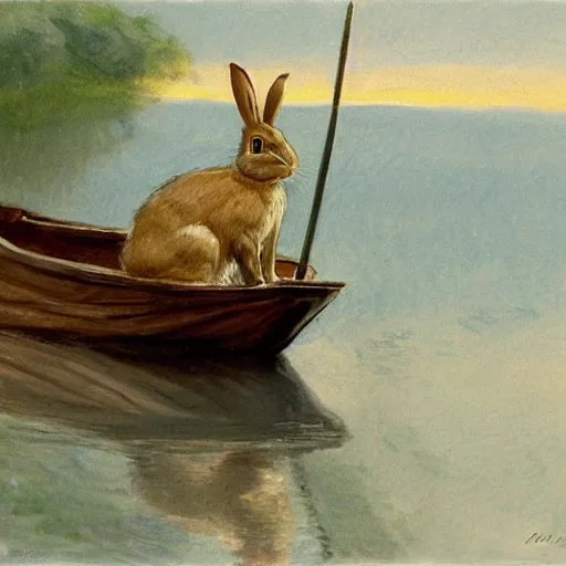 Image similar to a rabbit sitting in a rowboat in the style of Anders Zorn