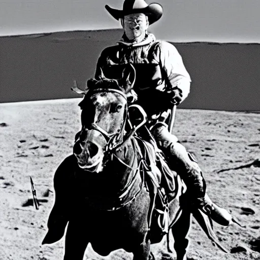 Image similar to john wayne riding a horse on the moon