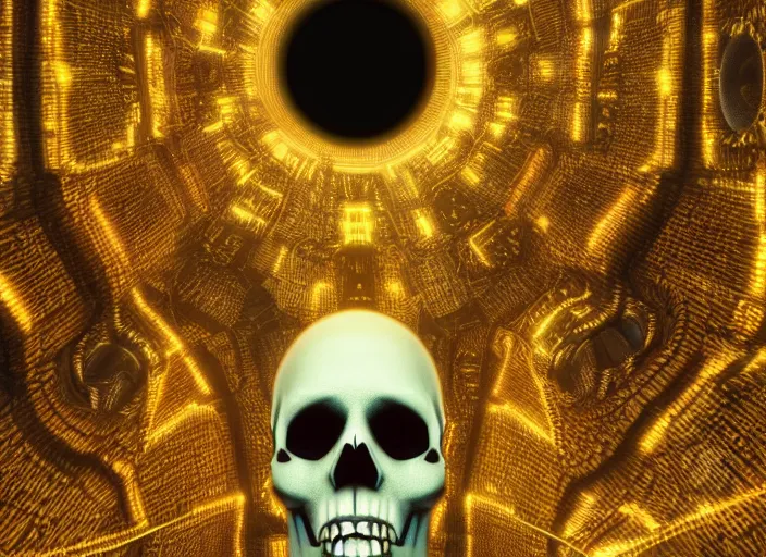 Image similar to a futuristic skull with glowing eyes and a wormhole tunnel, cyberpunk art by gustav klimt, behance contest winner, computer art, darksynth, synthwave, rendered in cinema 4 d