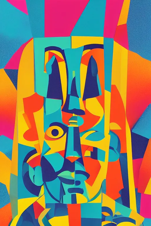 Image similar to cubist moai statue cutout digital illustration cartoon colorful beeple