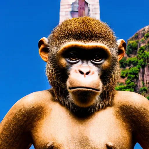 Image similar to high quality portrait of a monkey in front of Christ The Redeemer, studio photograph, photograph, realistic photo, 8k photo, 4k photo, stock photo, high resolution, cinematic shot, high detail