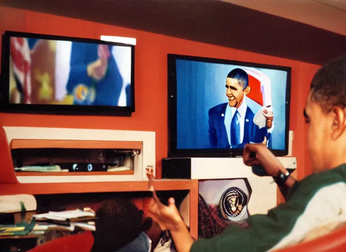 Prompt: color film photography, Barack Obama playing Super Smash Bros. Melee, 35mm, film photo,